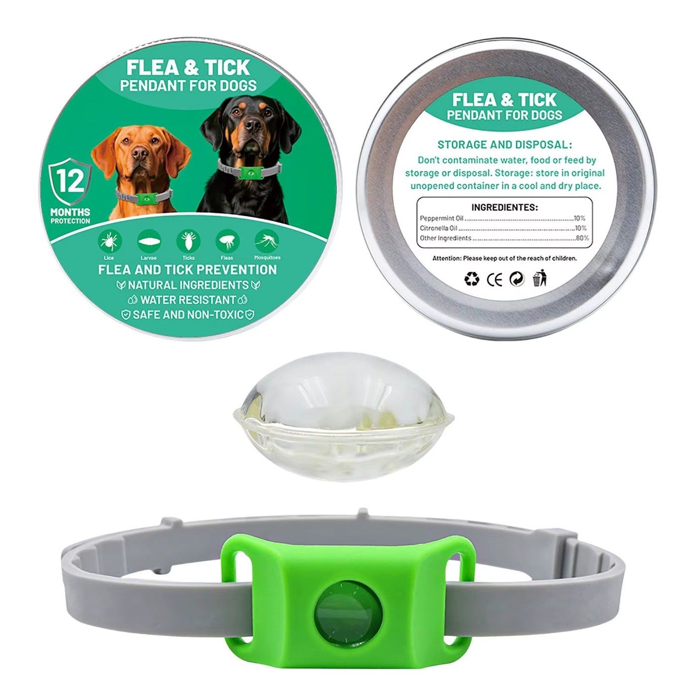 The Cedarfur Flea & Tick Pendant retail tin, the pendant capsule, and the pendant on a flat collar shown together.