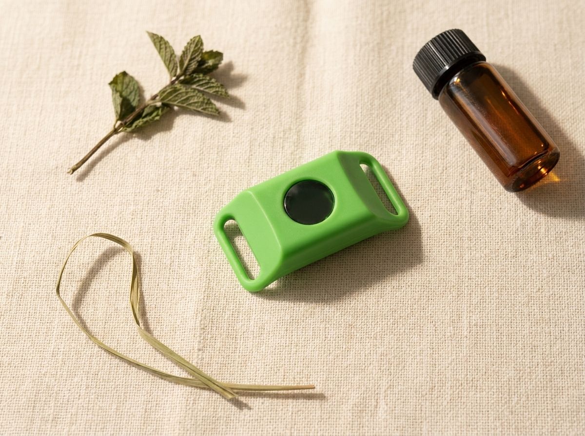 A green silicone flea-and-tick pendant on cream linen, with a peppermint sprig, a stalk of lemongrass, and a small amber glass vial.