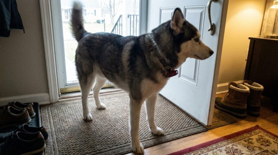 Customer photo of a dog wearing the red Cedarfur pendant